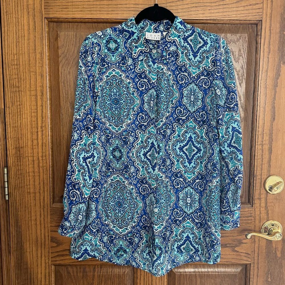 Joan Rivers Moroccan Print Silky Blouse with Long Sleeves - Small